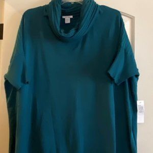 NWT - Joan Vass Teal Green/Turquoise Sweater w/Cowl Neck - 100% Cotton - Size 2X